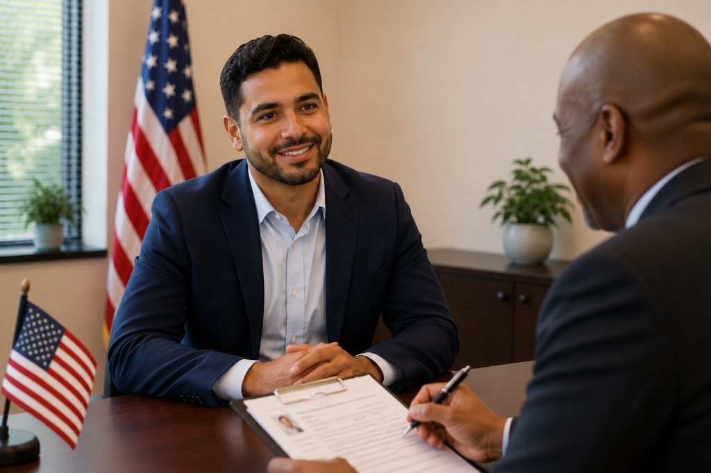 Applicant at a USCIS citizenship interview without notes on the desk