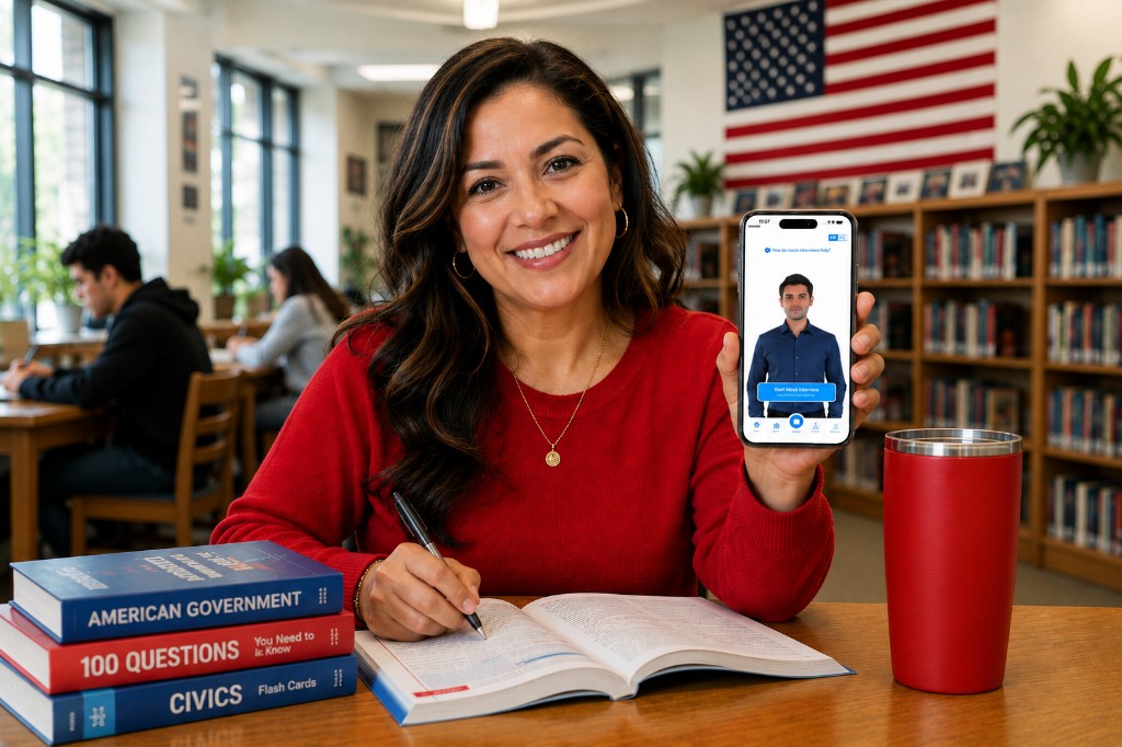 Woman studying for the citizenship test in Spanish at a library with the Citizenry app