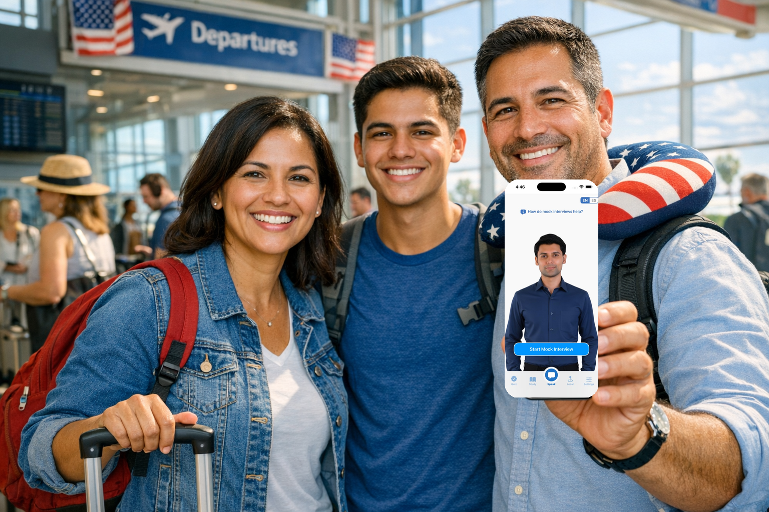 Travelers at an airport preparing for a trip while practicing with the Citizenry app