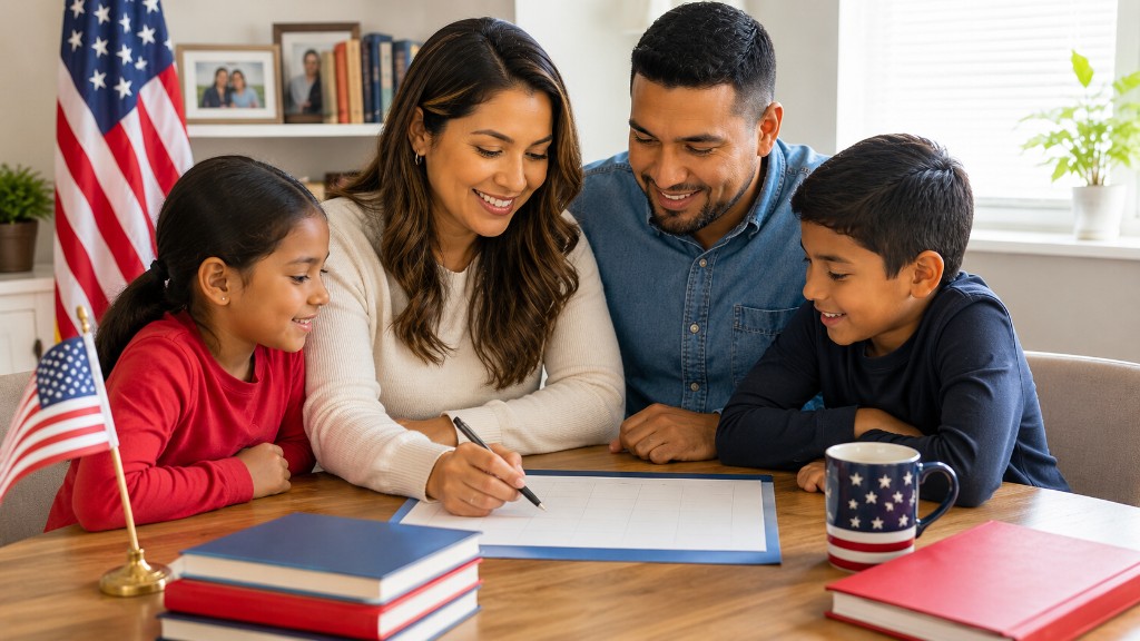 Family with children reviewing citizenship documents together at home
