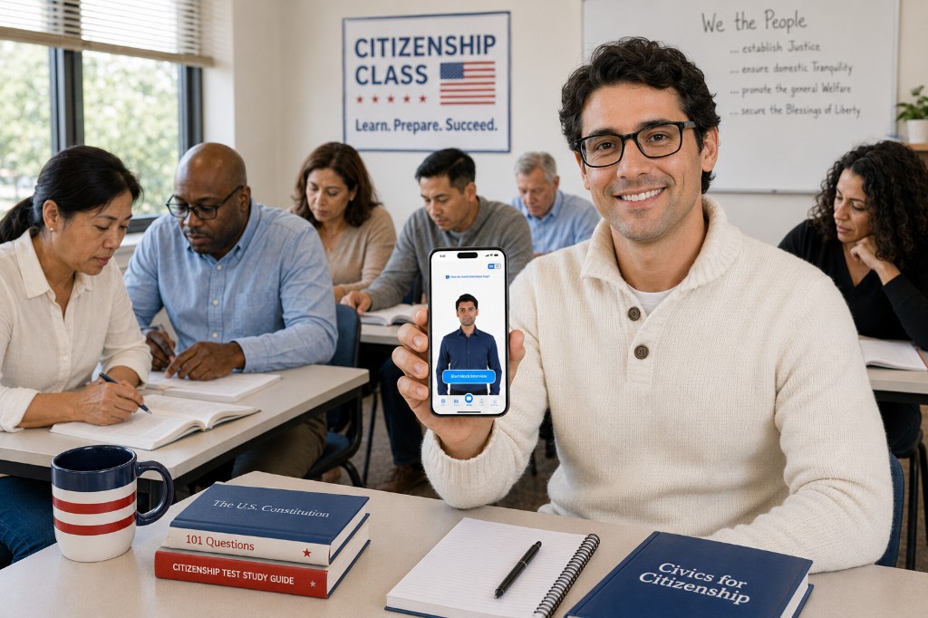 A man in a citizenship class holding a phone showing the Citizenry mock interview screen