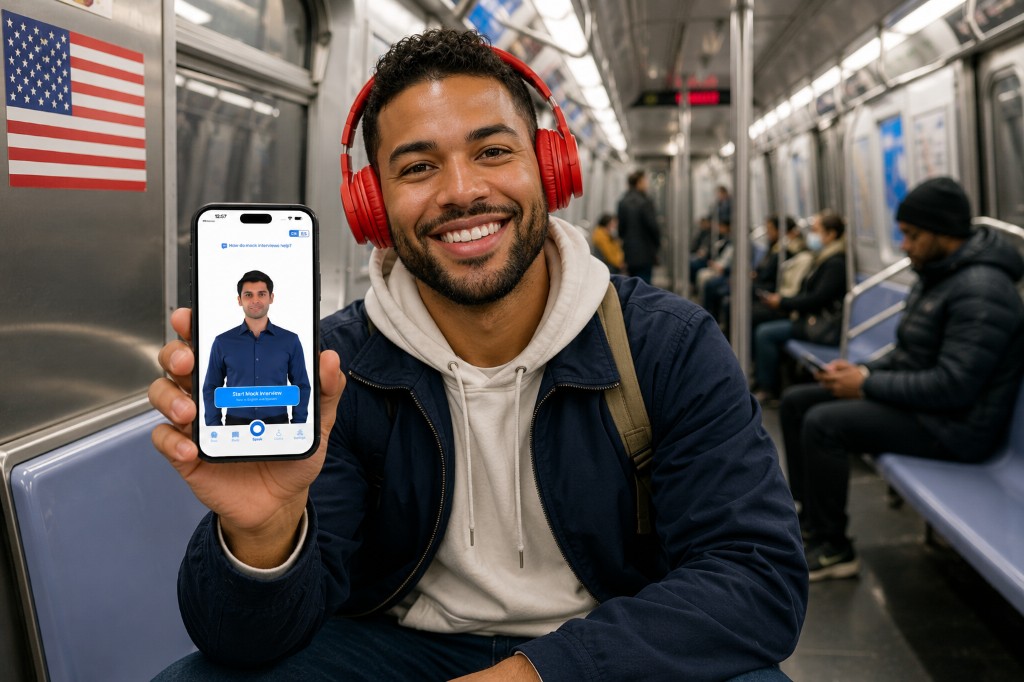 Man studying for the citizenship test on his commute with the Citizenry app