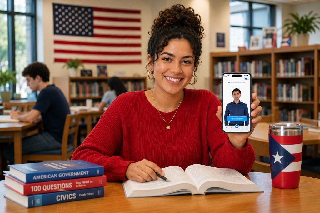 Woman studying civics questions at a library with the Citizenry app