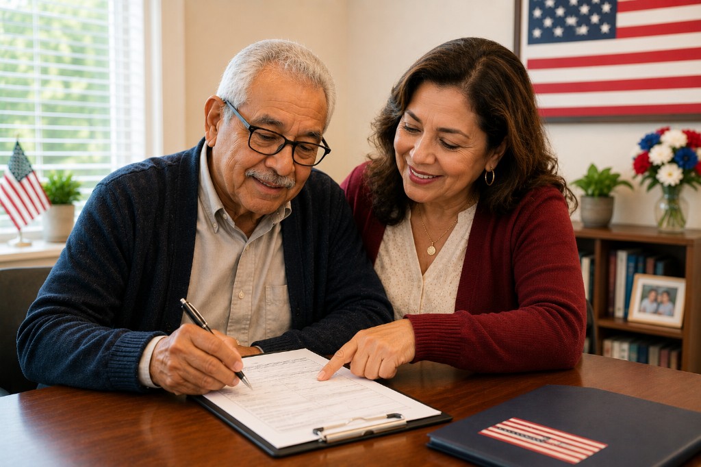 Applicant completing Form N-648 with help from a family member at home