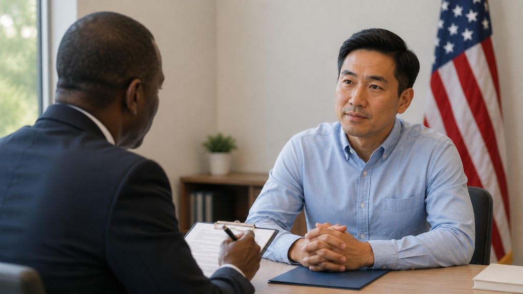 Citizenship applicant speaking calmly with a USCIS officer during interview review