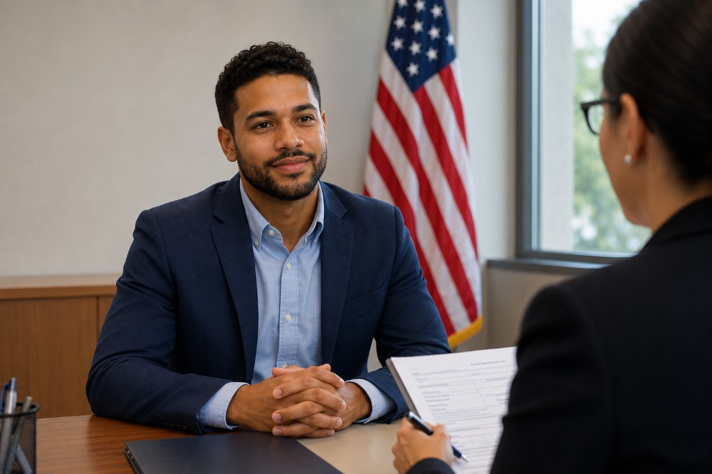 Applicant during a USCIS citizenship interview at a desk with an American flag in the background