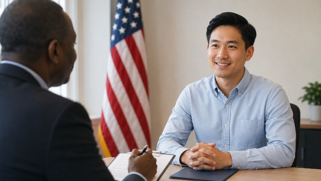 Citizenship applicant preparing a confident interview answer with the Citizenry civics study app on a phone