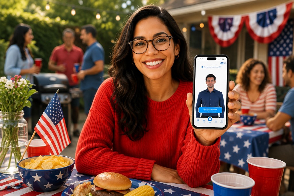 Woman preparing for the US citizenship test by practicing a mock interview on her phone