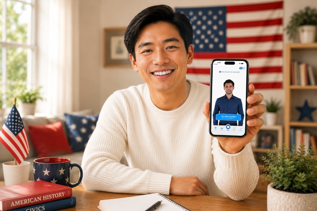 Man practicing for the N-400 interview out loud with the Citizenry mock interview app
