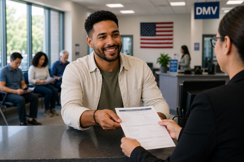 New U.S. citizen submitting a voter registration application at a government office