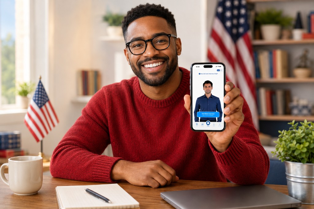 Man preparing for the citizenship test with Citizenry mock interview app on his phone