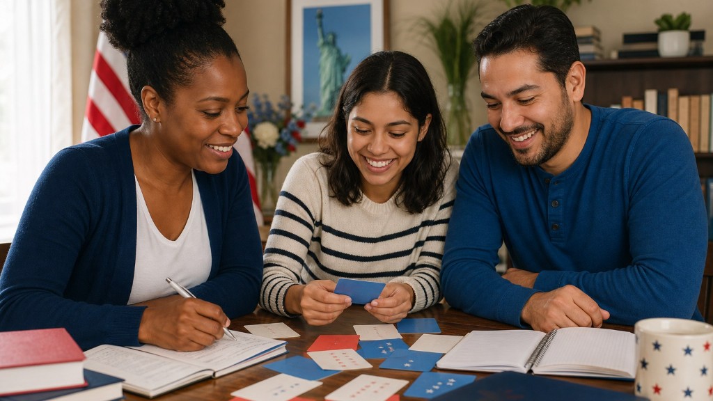 Diverse group of friends studying citizenship test flashcards together