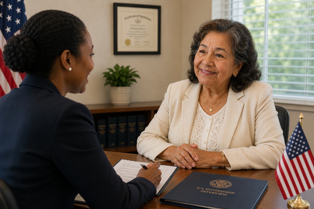 Applicant practicing N-400 interview vocabulary out loud with study notes