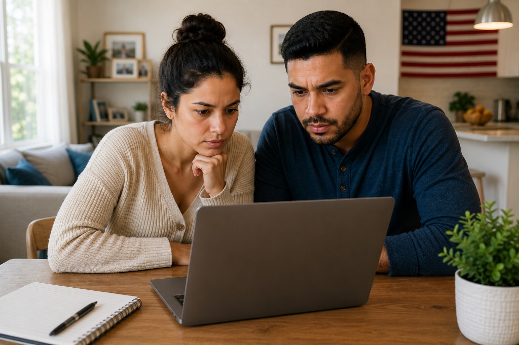 Couple checking N-400 case status and processing times on a laptop at home