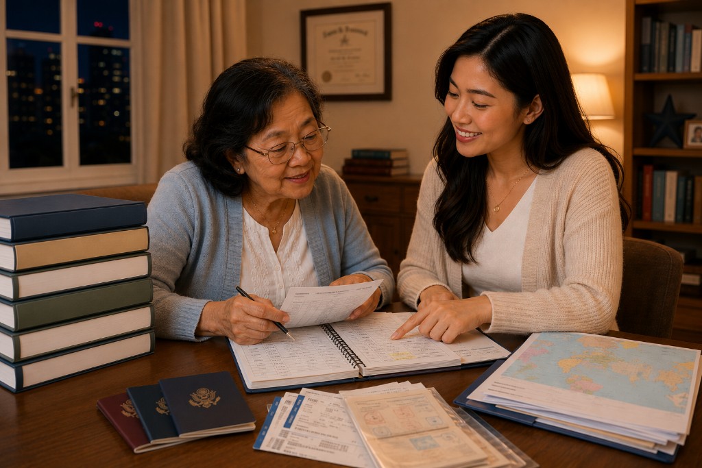 Applicant reviewing passport and travel timeline for N-400 interview preparation