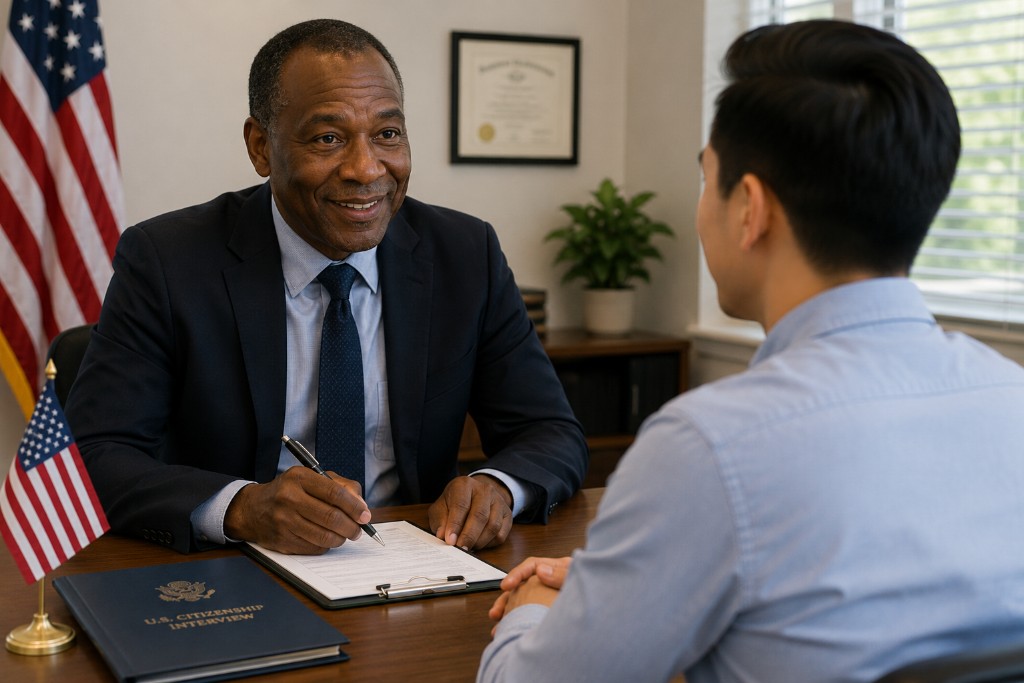 Applicant reviewing N-400 yes or no interview questions at home desk