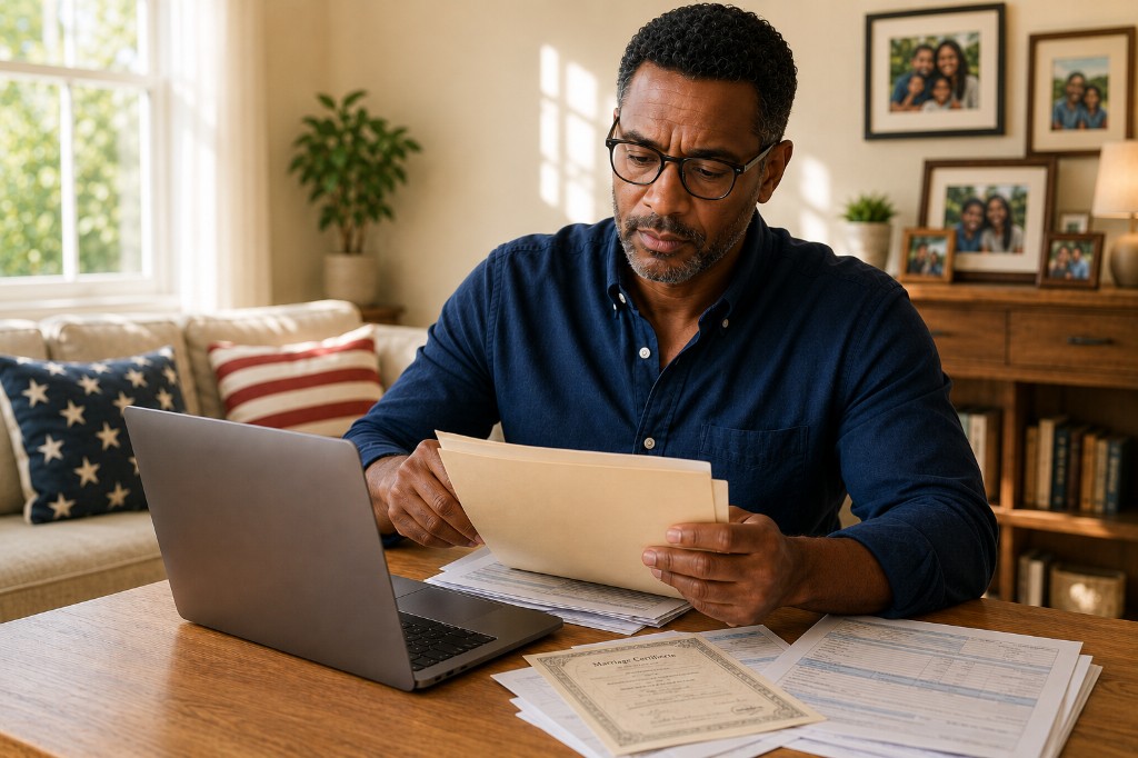 Applicant reviewing organized N-400 supporting paperwork at home before filing