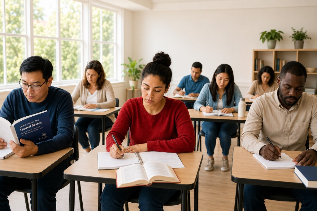 Students studying for the citizenship test in a classroom with USCIS civics materials
