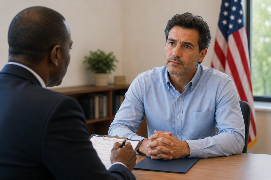 Citizenship applicant listening carefully to a USCIS officer during an interview