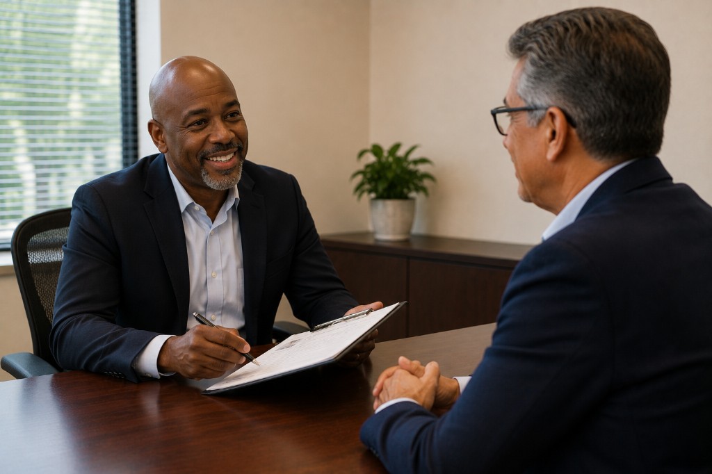Friendly USCIS officer speaking with an applicant during a citizenship interview