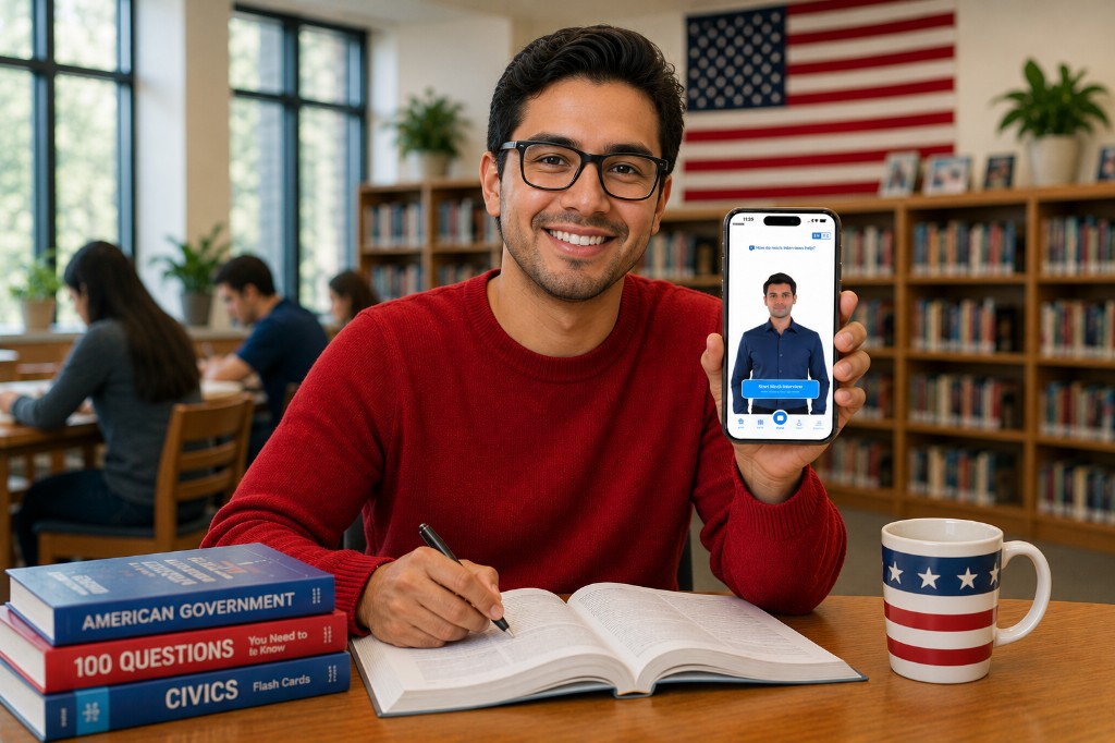 Man studying for the citizenship test at a library with the Citizenry app