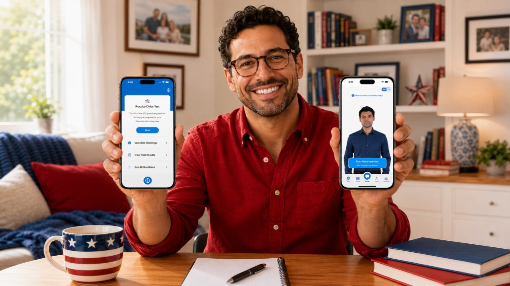 Man comparing citizenship test app study features and mock interviews on two phones